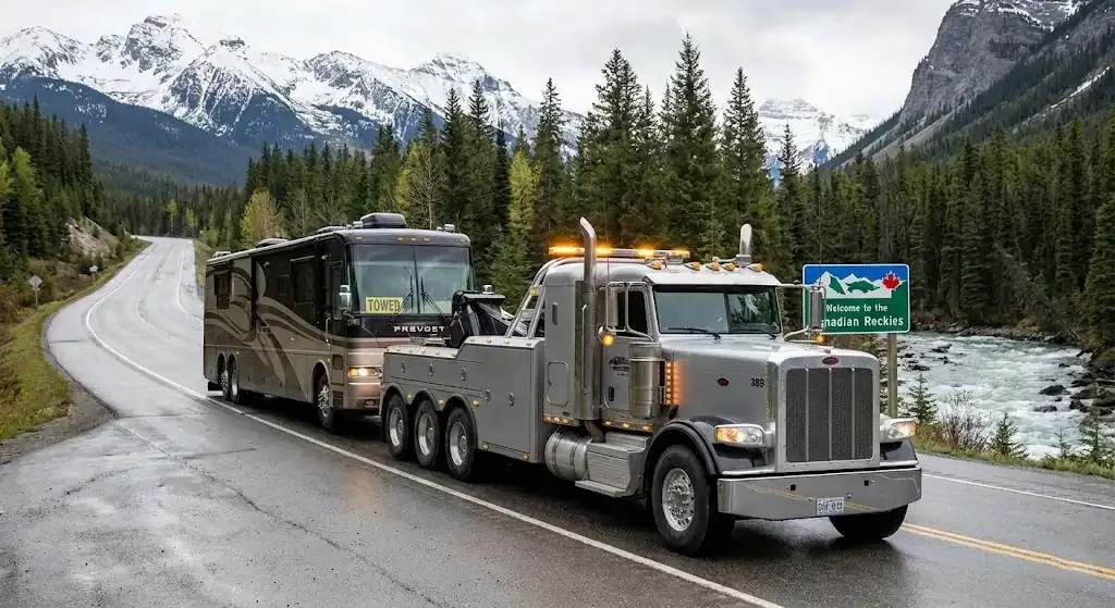 Baltimore heavy-duty tow truck with RV in transport