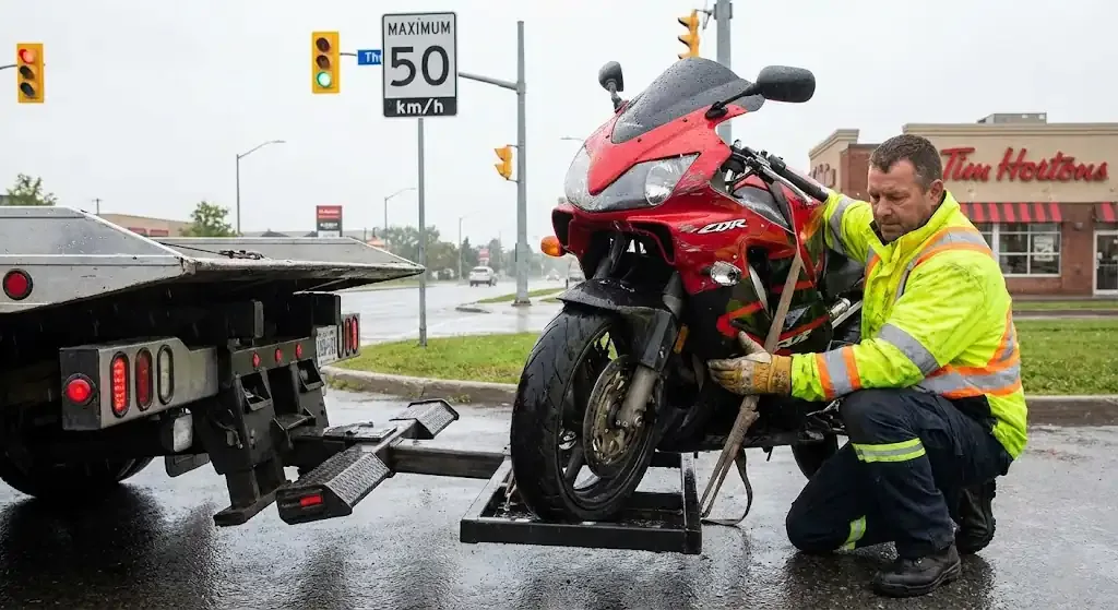 Baltimore motorcycle being safely loaded for transport