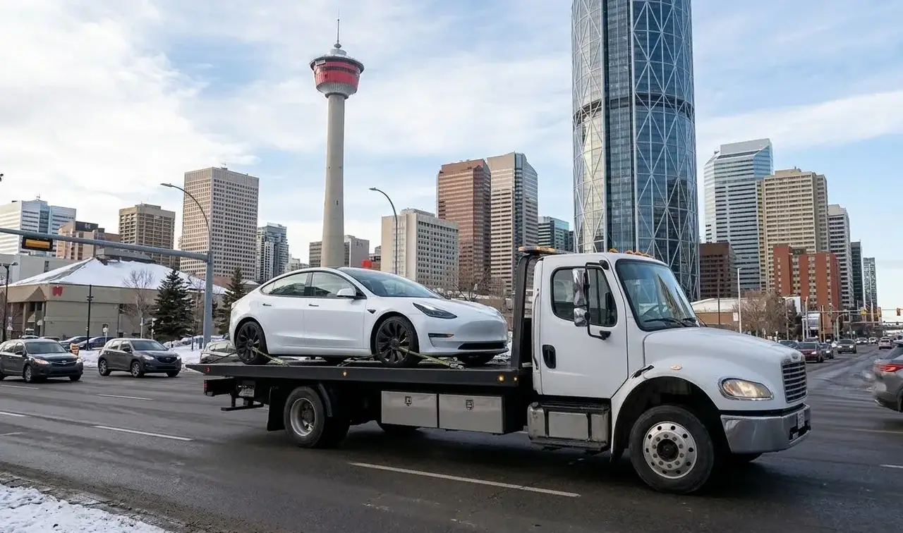 Baltimore electric vehicle on flatbed transport